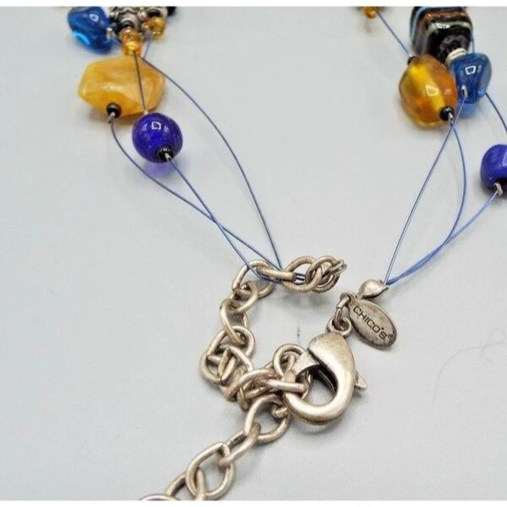 Chico's Bohemian Triple Strand Wire Glass Blue Citrine Bead Short 20